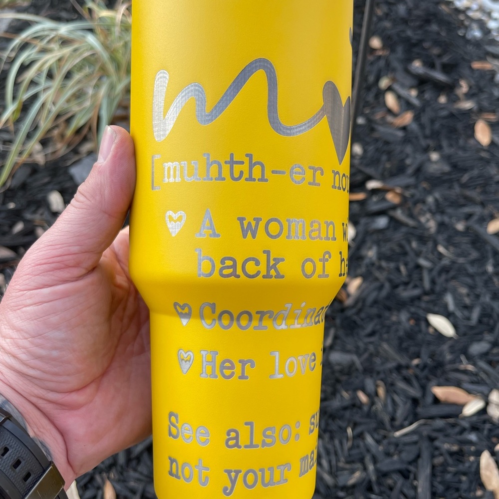 Yellow Tumbler with Silver Text